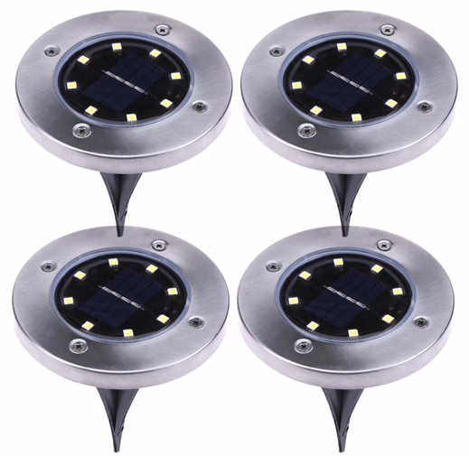 Set 4 Lampi Solare metalice Argintii Disk Lights pentru gradina